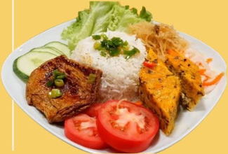 Rice with Grilled Pork Chop, Shredded Pork Skin & Steamed Egg Meatloaf (Cơm sườn bì chả)